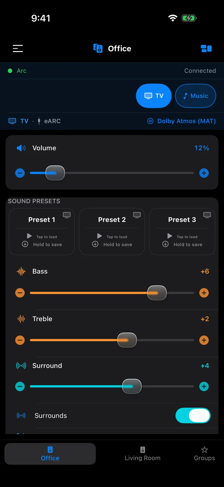 Room page for a soundbar room showing the Dolby Atmos badge, volume, sound presets and EQ sliders